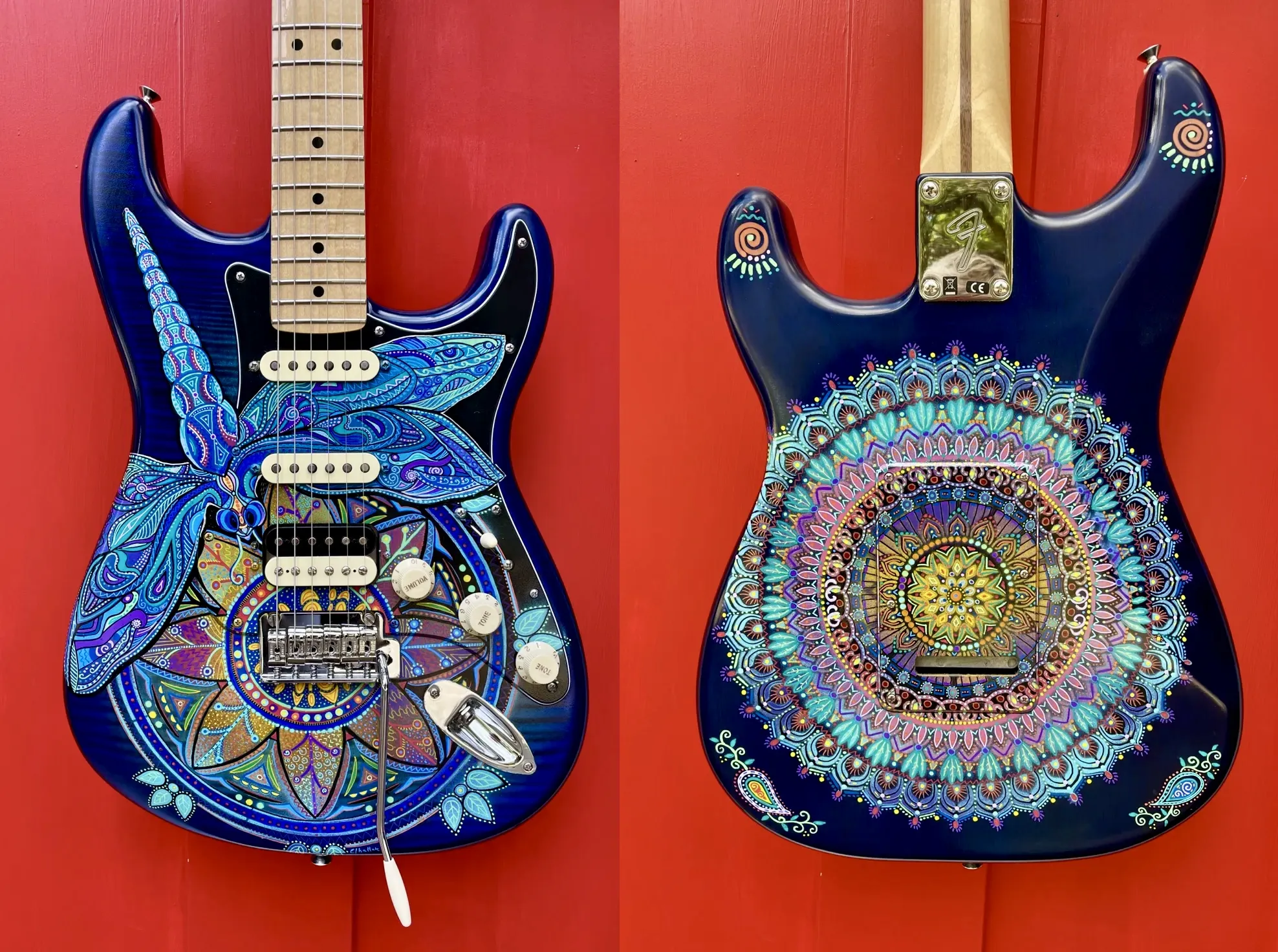 Dragonfly Mandala painted guitar