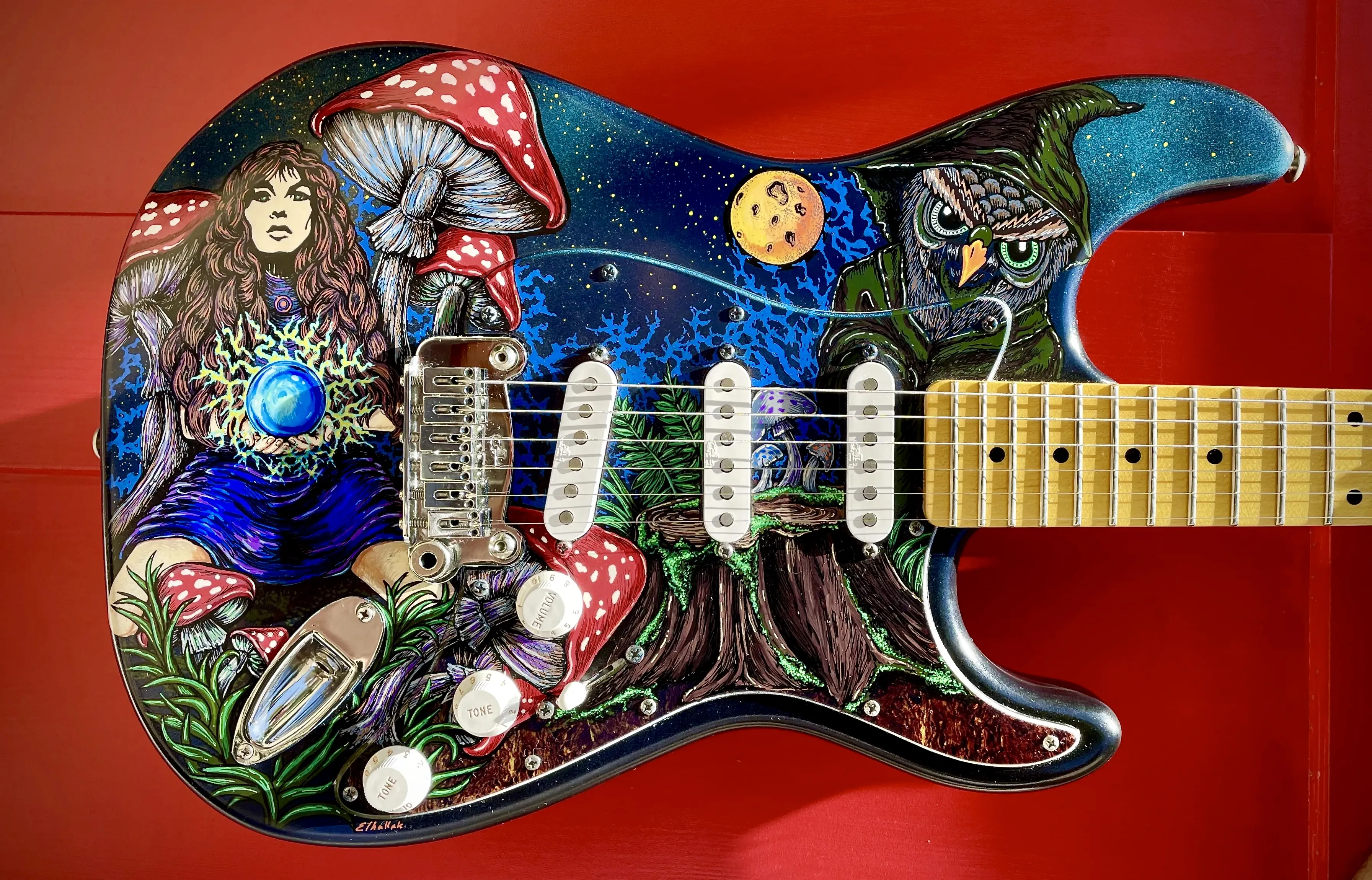 The Shroom Witch painted guitar