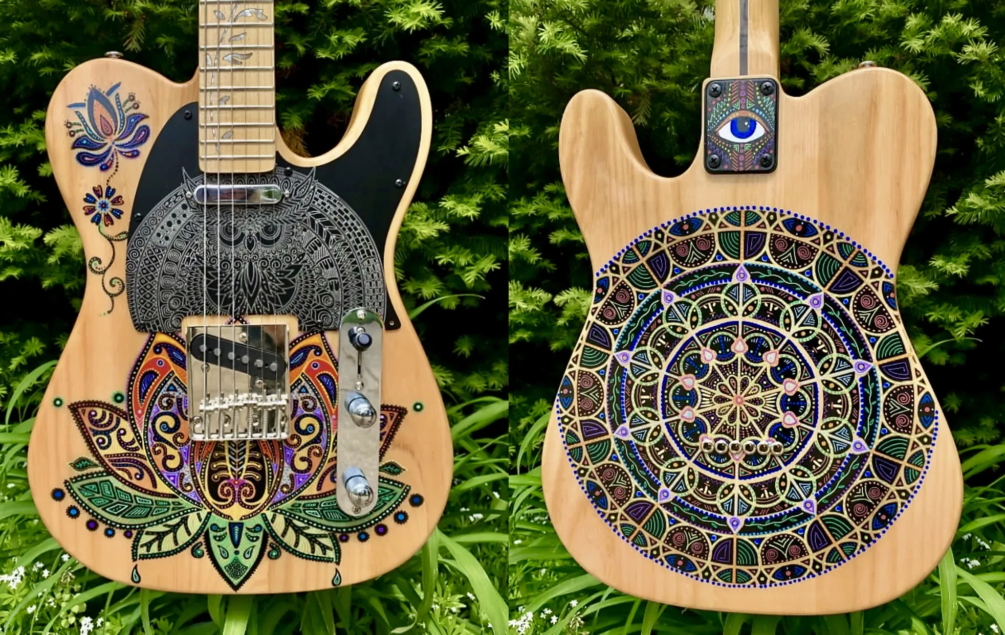 Owl of the Mandala painted guitar