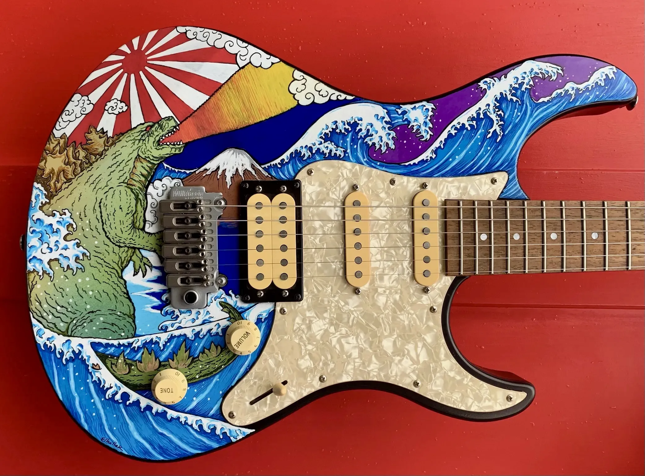 Rising Sunzilla painted guitar