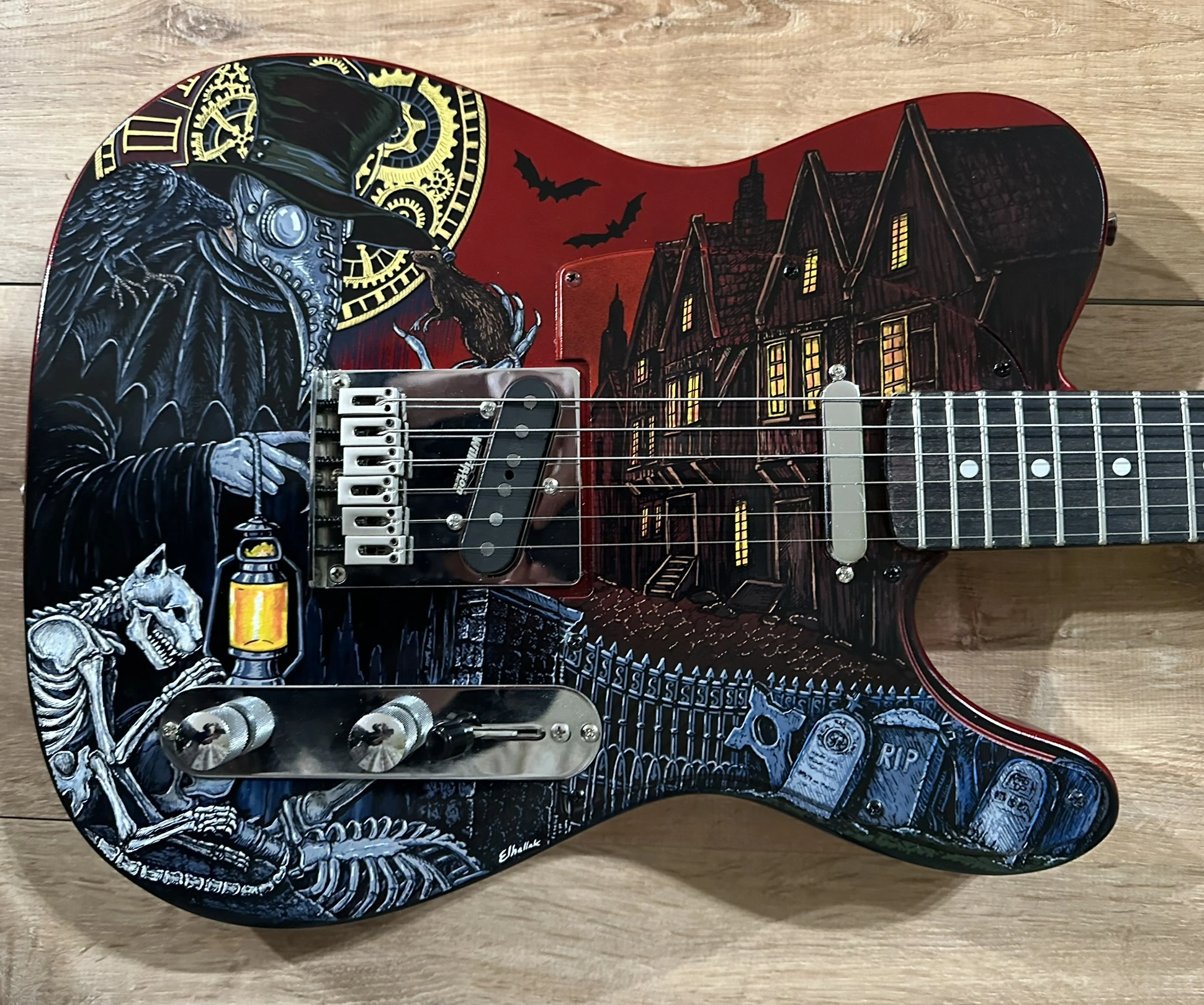 Plague Doctor painted guitar