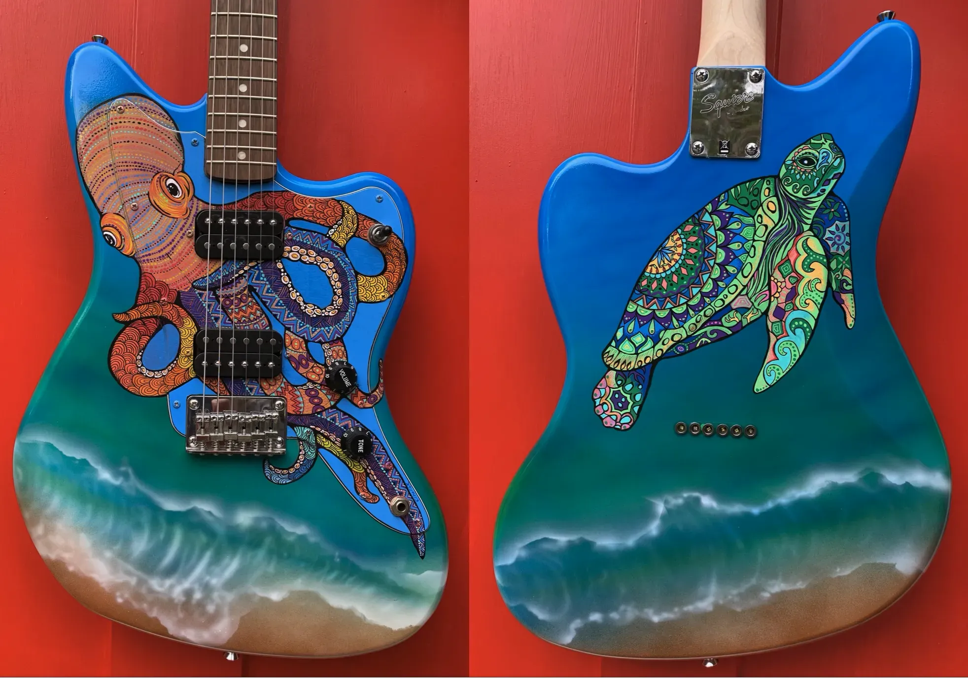 Octopus and Sea Turtle painted guitar