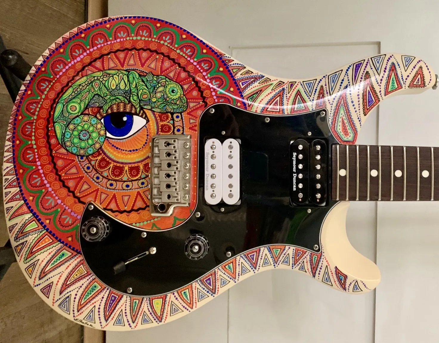 Mandala Chameleon painted guitar