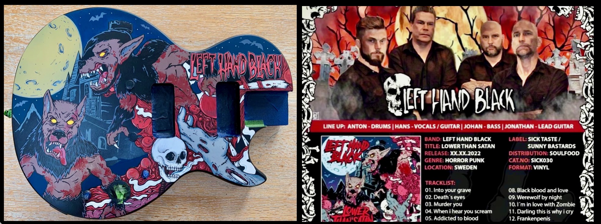 Left Hand Black custom painted guitar by Nancy Elhallak