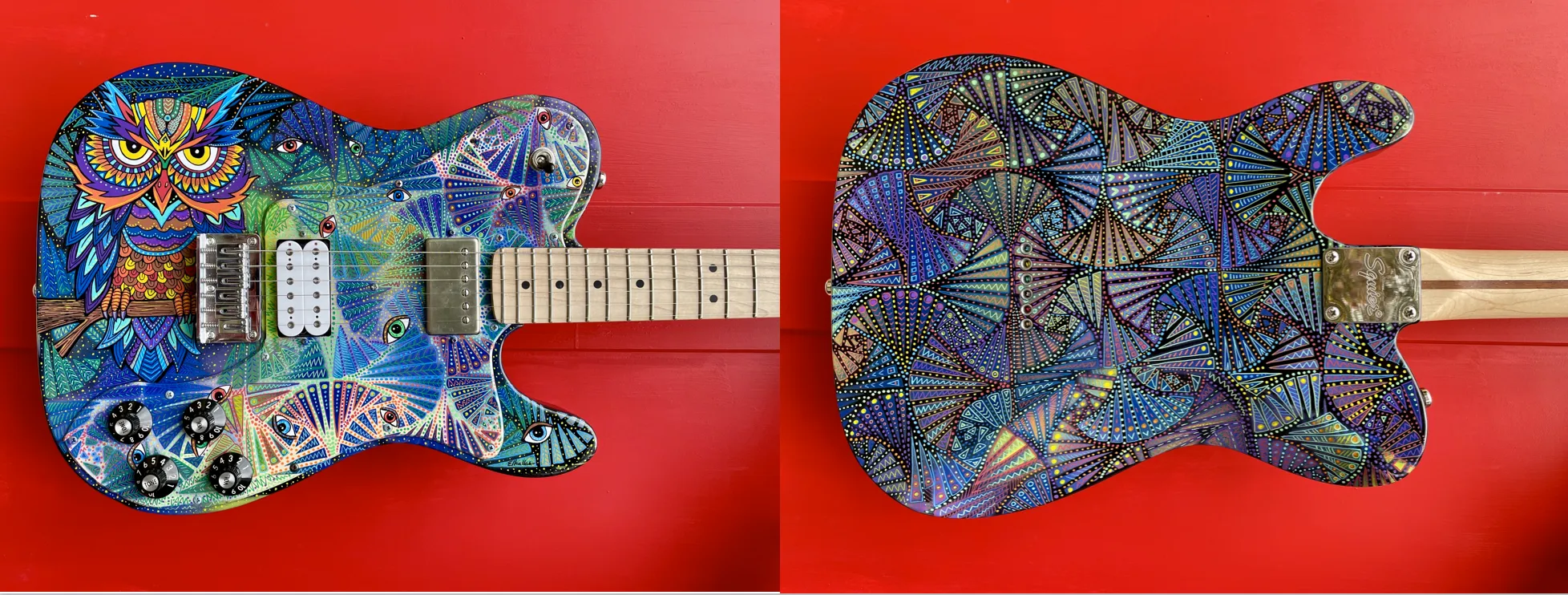 Owl design Telecaster painted by Nancy Elhallak signed by Ronnie Wood and Paul Weller