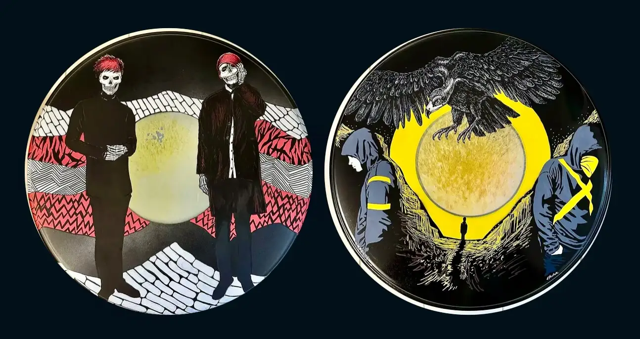 Twenty One Pilots hand-painted drum heads by Nancy Elhallak — Tyler Joseph and Josh Dun skull artwork