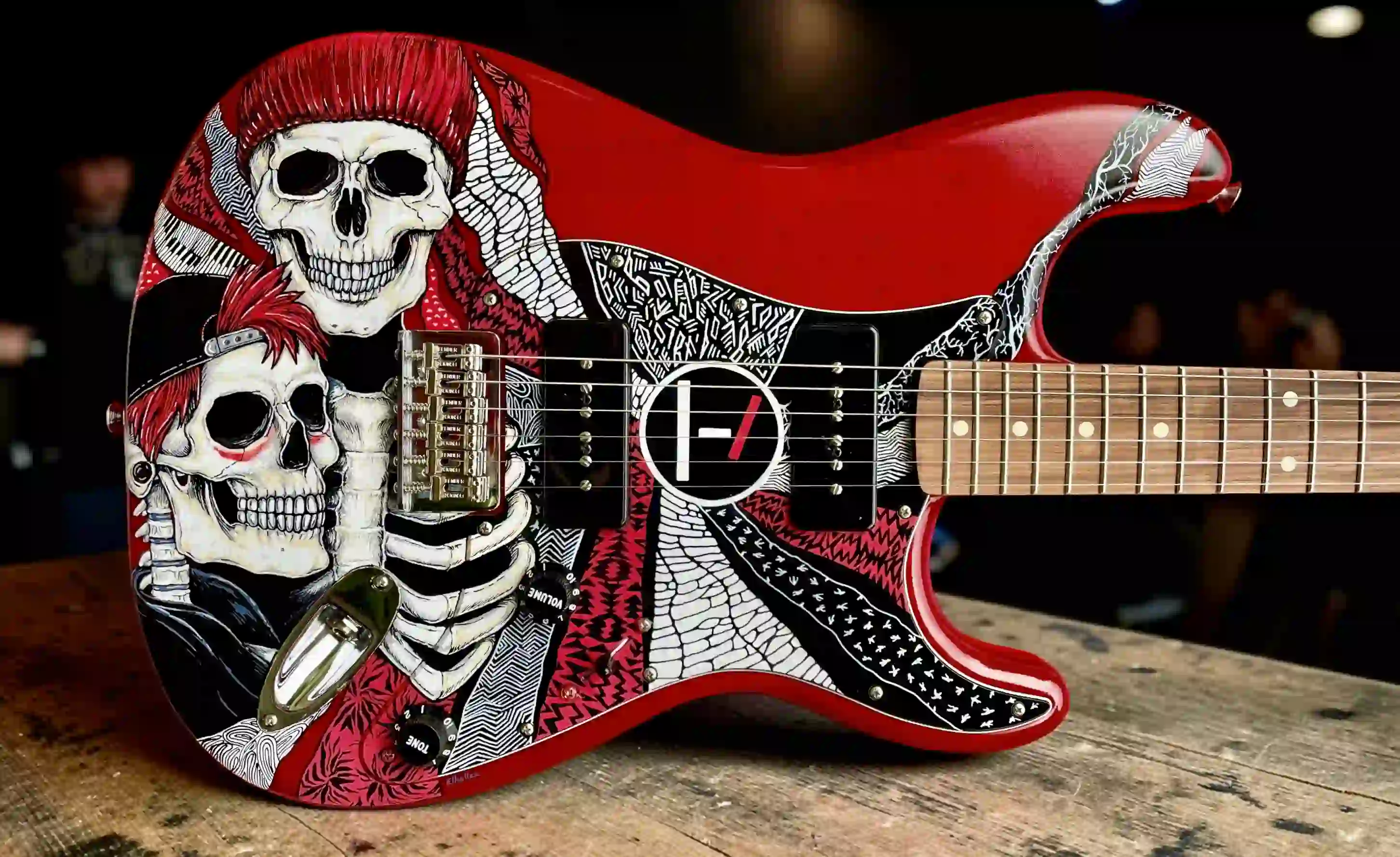 Twenty One Pilots skull hand-painted Stratocaster with Tyler Joseph and Josh Dun artwork by Nancy Elhallak